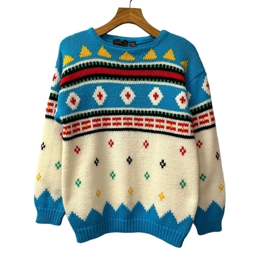 Vintage Southwestern Fair Isle Thick Knit Wool Colorful Sweater Size M